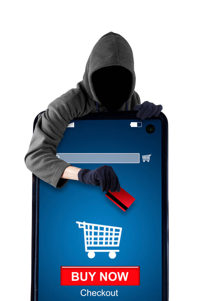 Immagine di hacker maschile rubare una carta di credito durante l'hacking shopping app online sul cellulare - Foto, immagini