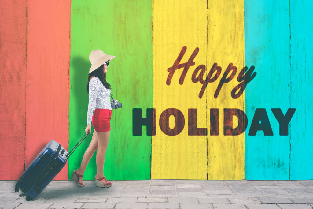 Side view of young woman carrying a luggage and camera while walking with happy holiday text on colorful wall - Photo, Image