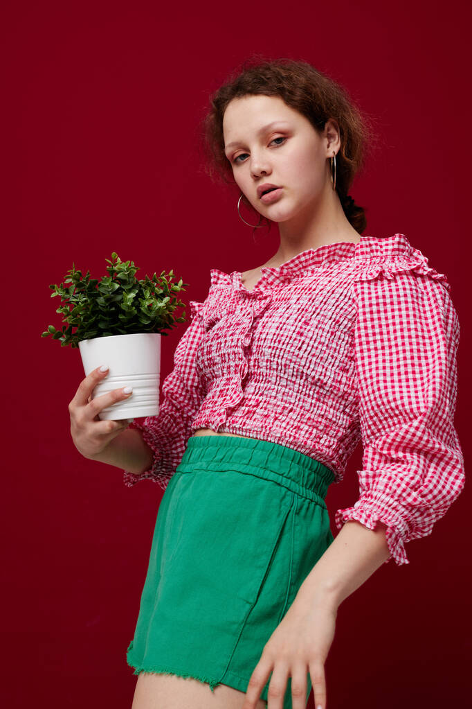 ピンクのブラウスの若い女性は白いポットクローズアップで植物とポーズをとっています - 写真・画像