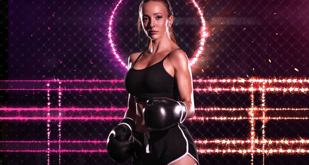 Boxerský a sportovní koncept. Dívka sportovec muay thajský boxer bojující v rukavicích v tělocvičně. - Fotografie, Obrázek