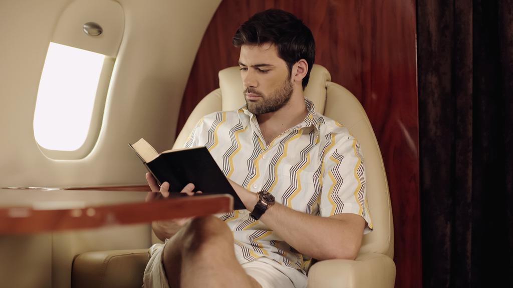 Bearded man reading book in private plane  - Foto, afbeelding