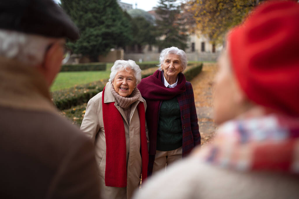 Groep gelukkige senioren op wandeling in het stadspark in de herfst, praten en lachen. - Foto, afbeelding