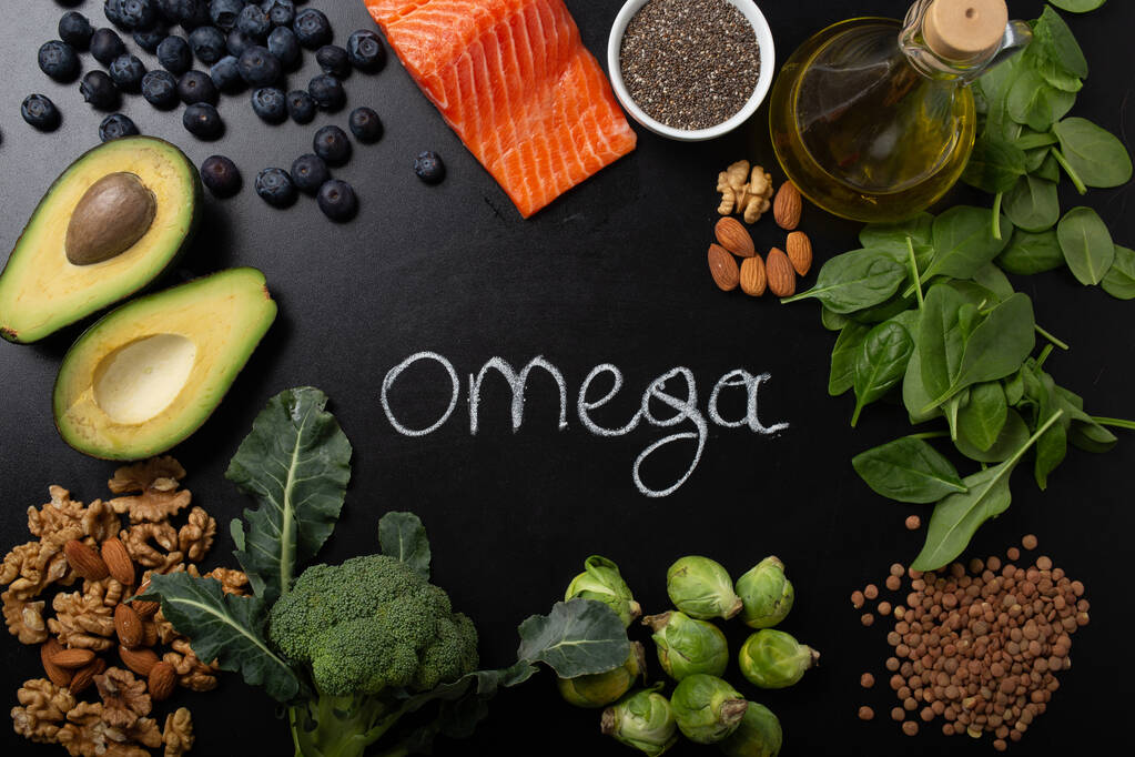 Healthy food background with good fat sources, ingredients rich in Omega fatty acids - Photo, Image