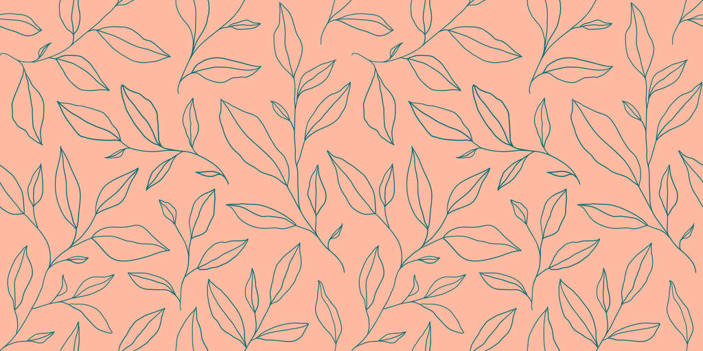 Seamless pattern with one line leaves. Vector floral background in trendy minimalistic linear style. Hand drawn outline design for fabric , print, cover, banner and invitation. - Vector, imagen