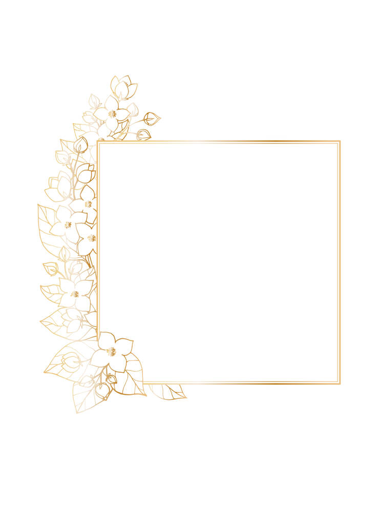 Rectangular postcard template with square frame in the center decorated with Syringe, mock-orange, Philadelphus flowers. Vector illustration with golden gradient outline. - Vector, Image