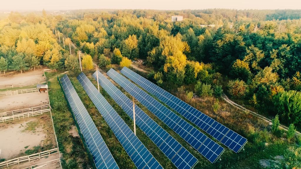 Aerial view of solar panels system on field near forest  - Фото, изображение