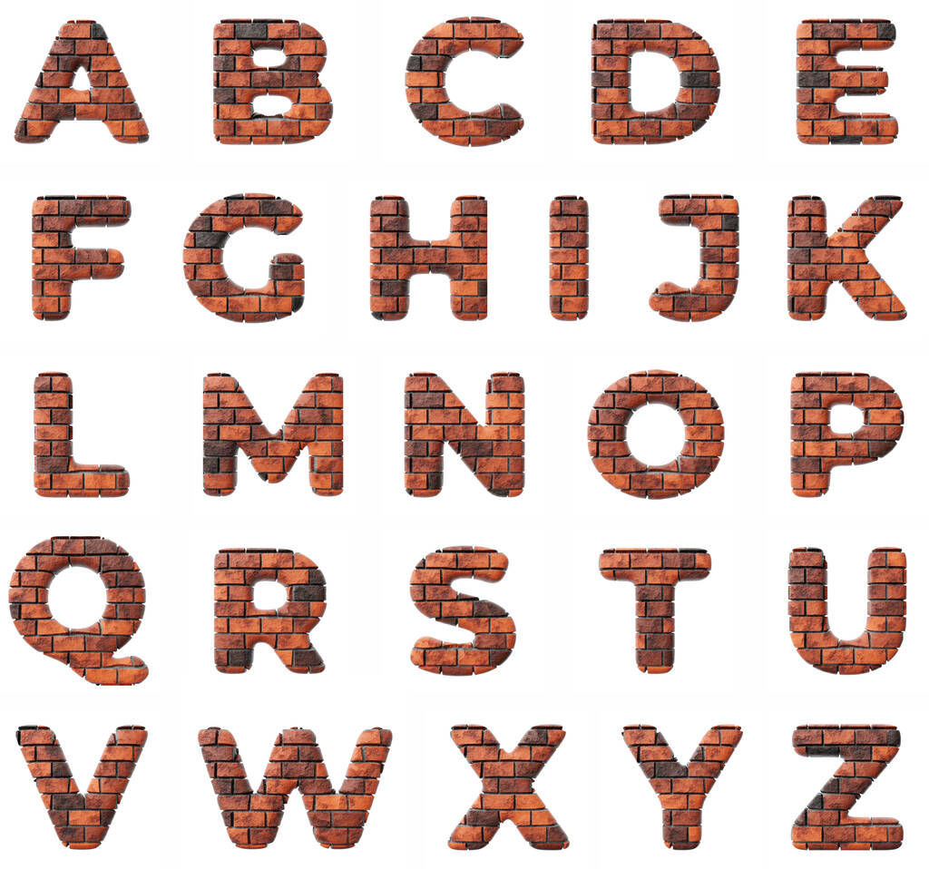 Bricks letter alphabet on clean white background isolated red bricks wall 3D render - 写真・画像