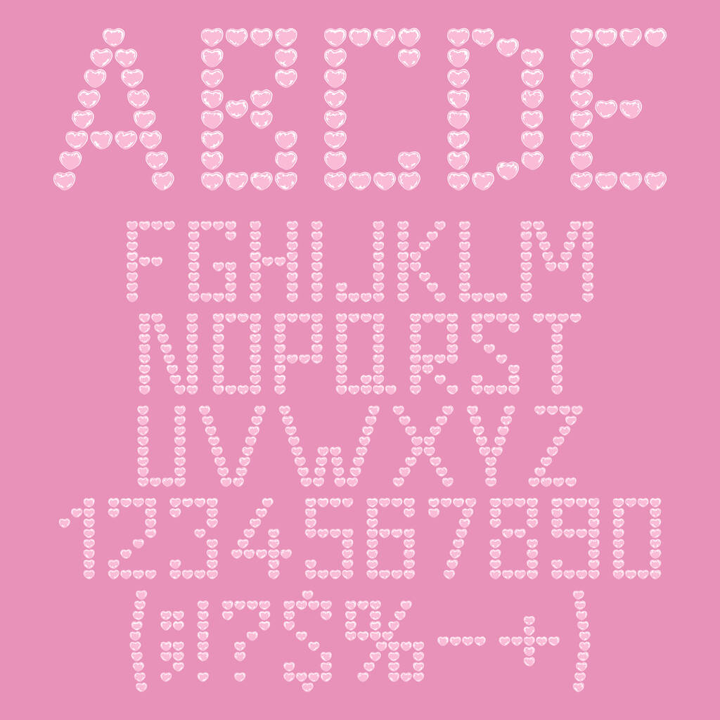 Alphabet, letters, numbers and signs from plastic heart bubbles, packaging bubble wrap. Set of isolated vector objects. - Vector, Image