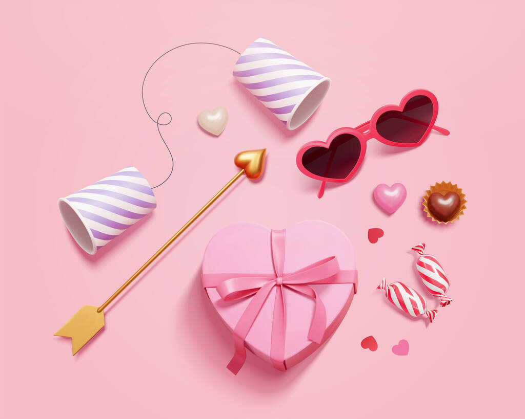 Vista dall'alto della collezione di oggetti 3d San Valentino, tra cui occhiali da sole, scatola regalo a forma di cuore, telefono con tazza di carta, frecce dorate di Cupido e caramelle dolci. - Vettoriali, immagini
