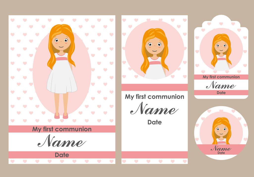 First communion card, bookmark, label and sticker set for girl - Vector, Image