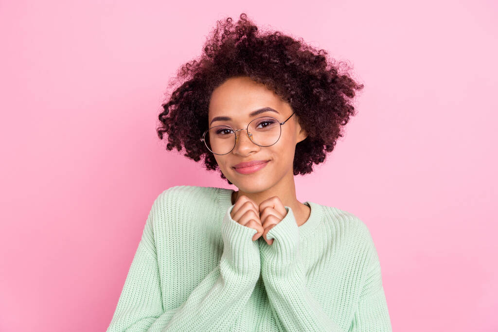 Portrait of gorgeous cute dark skin lady arms touch look camera eyeglasses isolated on pink color background - Valokuva, kuva