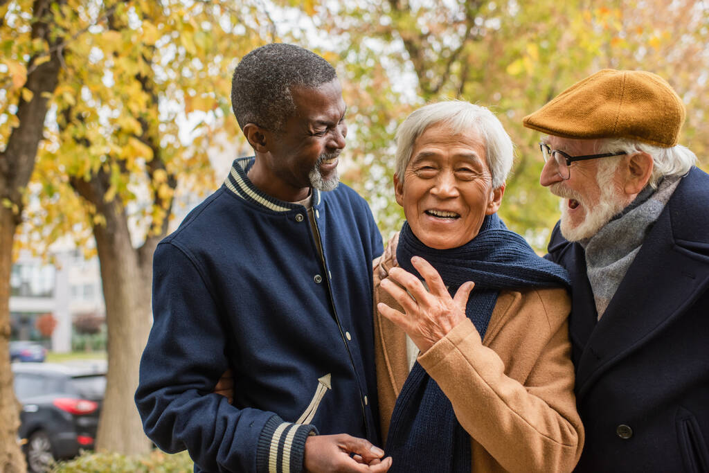 szczęśliwy Azji człowiek patrząc w aparat w pobliżu wielonarodowych starszych przyjaciół w jesiennym parku  - Zdjęcie, obraz