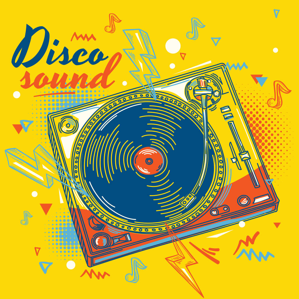 Disco ääni - funky piirretty musiikillinen levysoitin  - Vektori, kuva