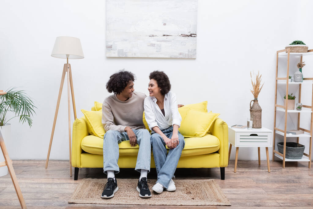 Smiling african american couple sitting on couch in living room  - Photo, Image