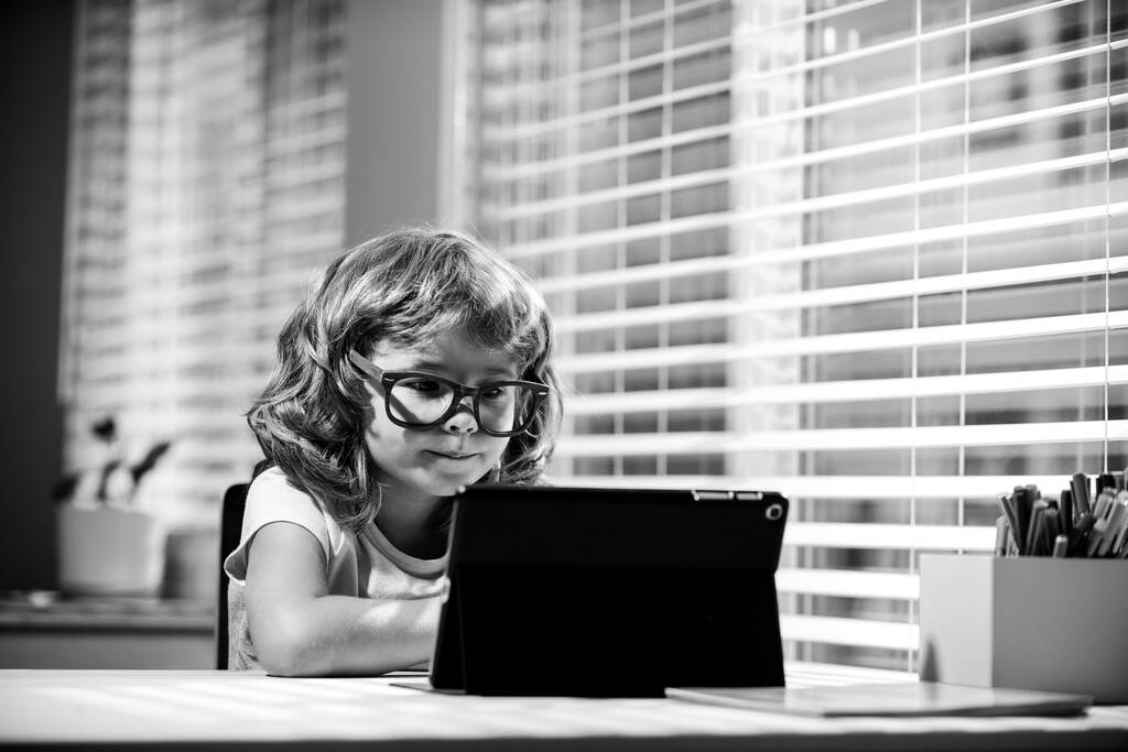 Розумний маленький хлопчик дивиться онлайн відео урок вдома, маленька дитина в окулярах має веб-відео-клас на комп'ютері, навчається вдома, концепція домашнього навчання
. - Фото, зображення
