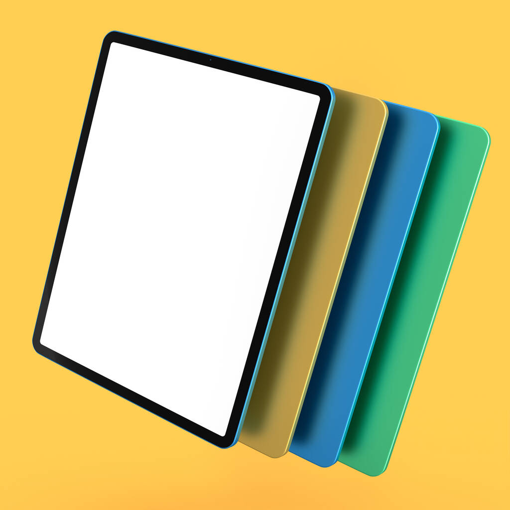 Set of computer tablets with cover case and blank screen isolated on yellow background. 3D rendering concept of creative designer equipment and compact workspace - Photo, Image