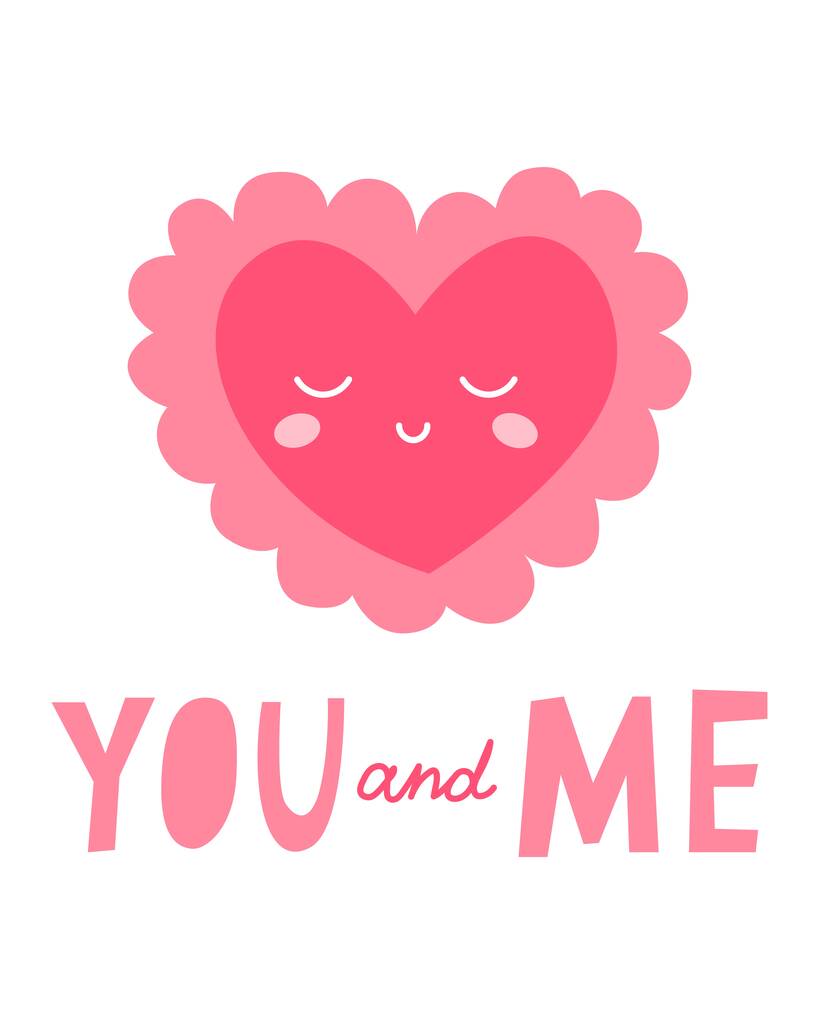 Cartão bonito para o Dia dos Namorados, mão desenhar coração bonito, lettering você e me. - Vetor, Imagem