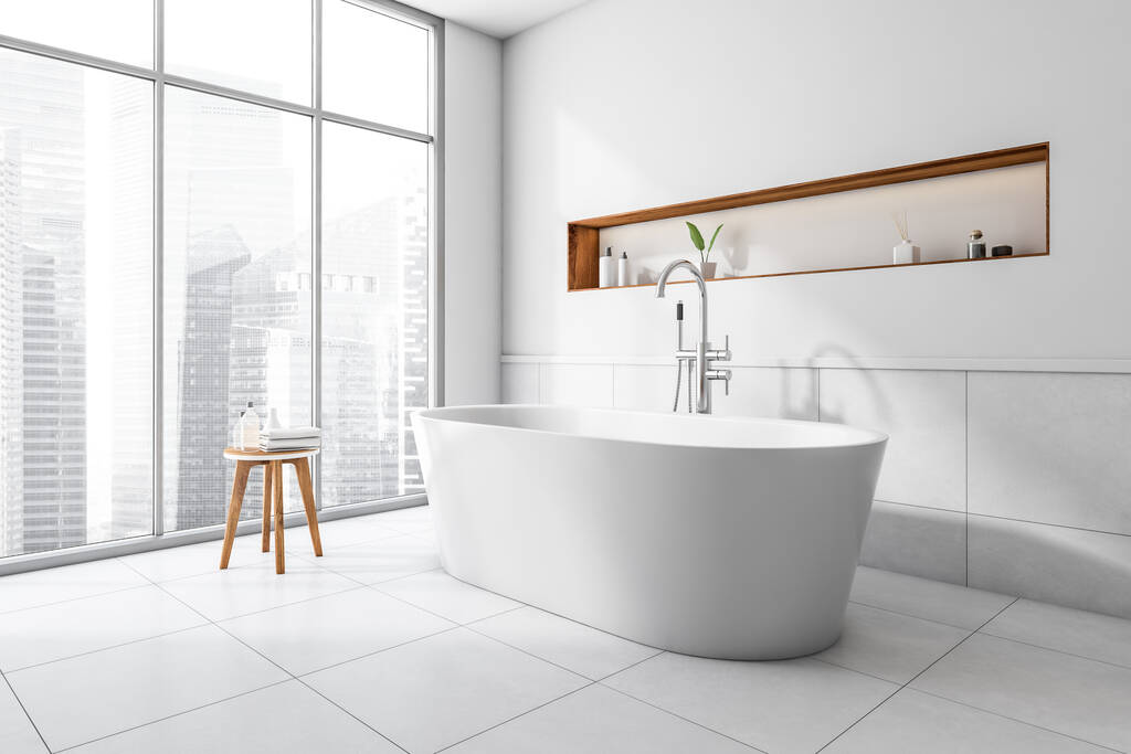 Sarok kilátás világos fürdőszoba belső káddal, beton csempe padló, panorámás ablak Singapore város felhőkarcoló kilátás. Fogalom a higiéniai és spa eljárások az egészségre. 3D-s renderelés - Fotó, kép