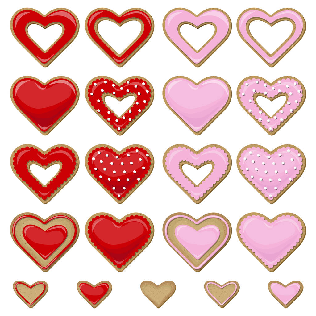 Ensemble vectoriel de biscuits en forme de coeur en glaçure rouge et rose isolé sur fond blanc. - Vecteur, image