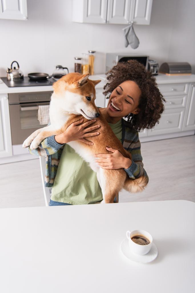 freudige afrikanisch-amerikanische Frau sitzt in der Küche und hält shiba inu Hund - Foto, Bild