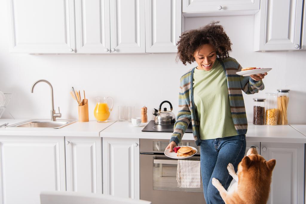 veselá africká americká žena drží chutné palačinky v blízkosti shiba inu pes v kuchyni - Fotografie, Obrázek