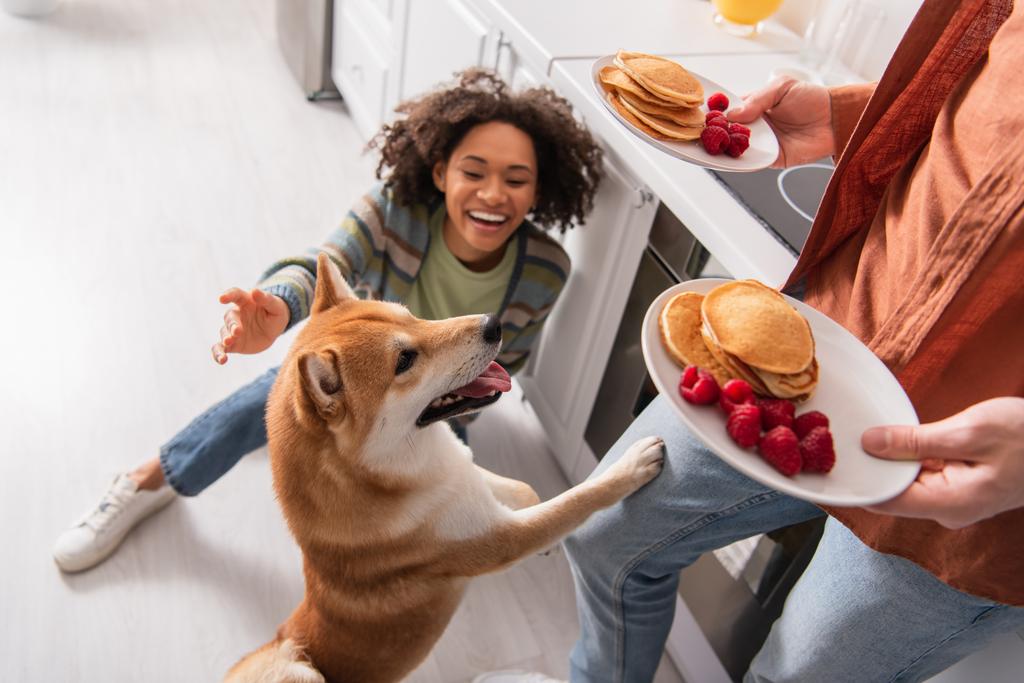 lustige shiba inu Hund streckt Zunge neben Mann mit Pfannkuchen und afrikanisch-amerikanische Frau lacht auf Küchenboden - Foto, Bild