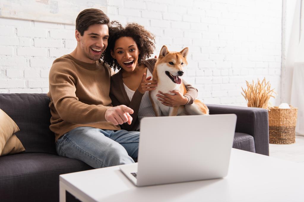 Positive man pointing at blurred laptop near african american girlfriend with shiba inu at home  - 写真・画像