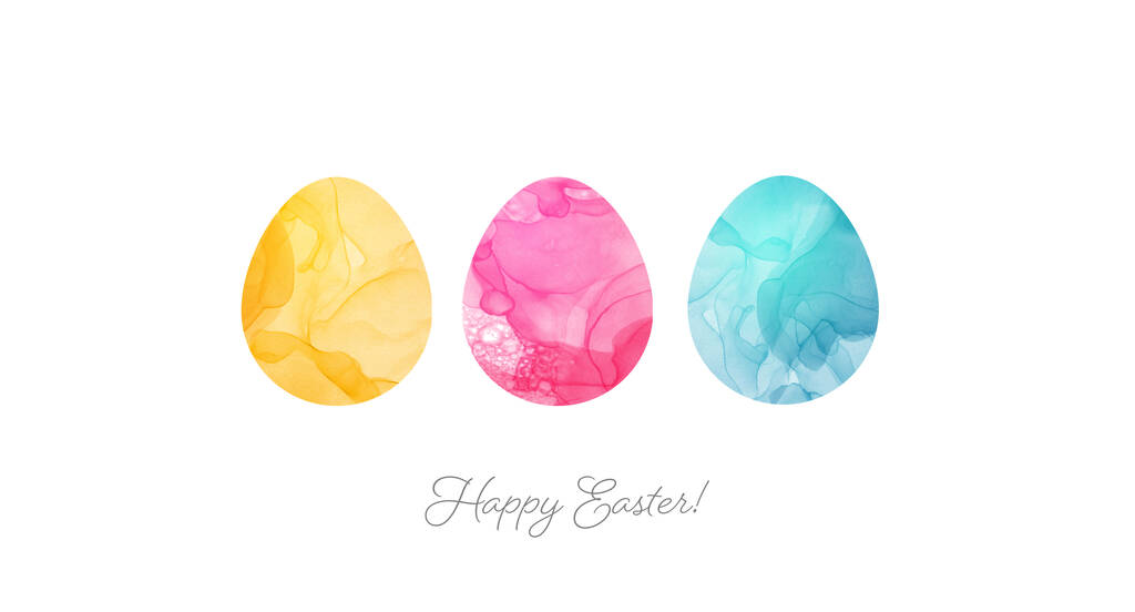 Easter greeting card in simple minimalist style with yellow, pink and blue egg with abstract pattern on white background - Vector, Image