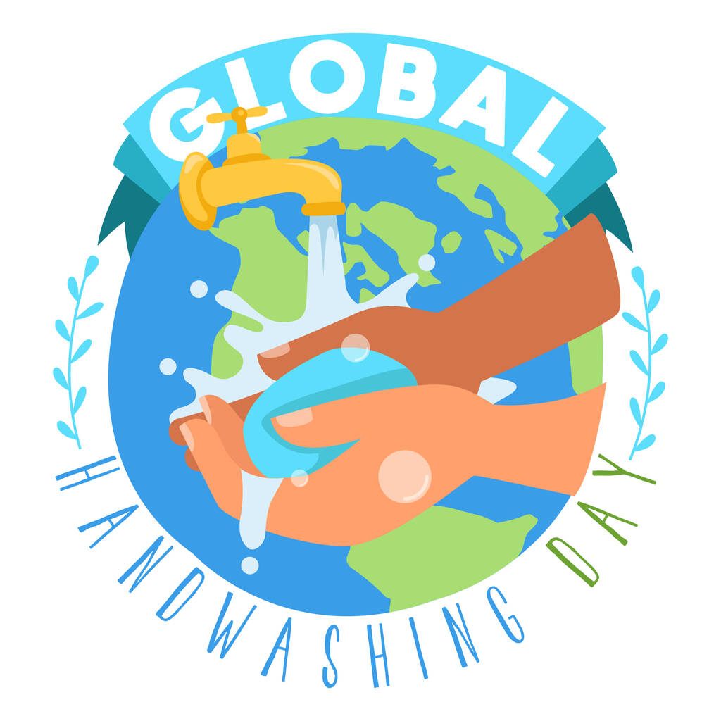Weltweiter Tag des Händewaschens mit Bildern von Menschen, die sich die Hände mit Seife waschen - Vektor, Bild