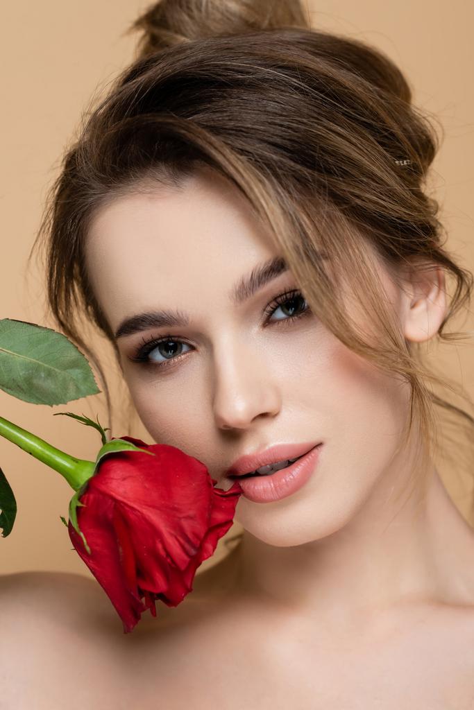 Nahaufnahme Porträt einer jungen Frau mit natürlichem Make-up, die in die Kamera blickt, nahe der roten Rose isoliert auf Beige - Foto, Bild