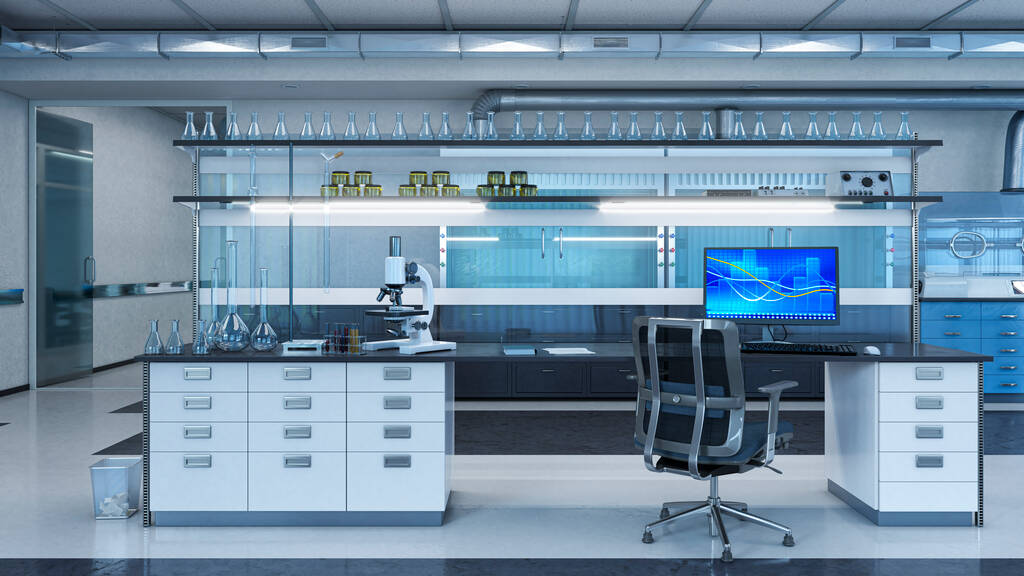 Licht laboratorium interieur met apparatuur. 3d illustratie - Foto, afbeelding