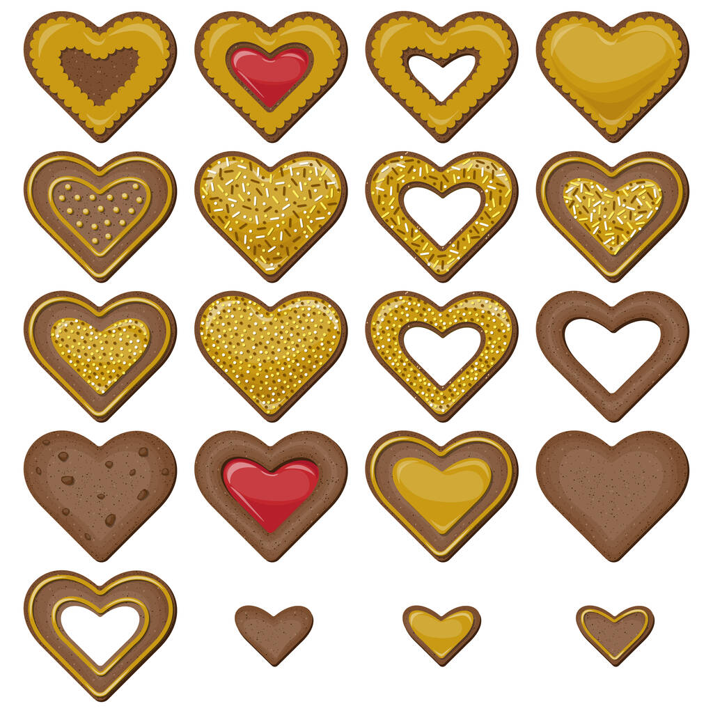 Conjunto vectorial de diferentes galletas en forma de corazones cubiertos con esmalte dorado decorado con cobertura de confitería y chips de chocolate aislados sobre fondo blanco. - Vector, imagen