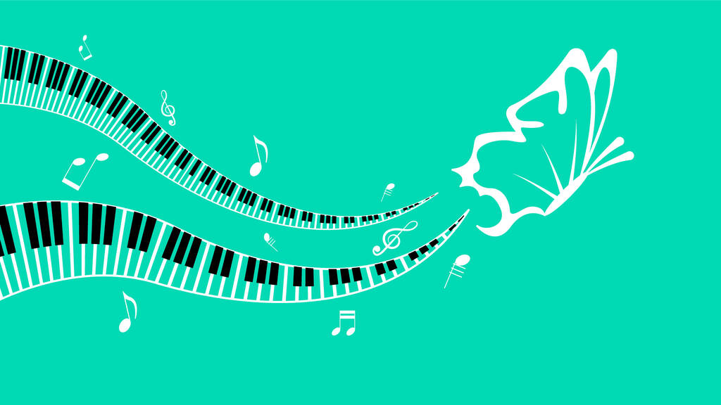 Clés abstraites pour piano avec notes et papillon Instrument à clavier de musique Doodle Outline Melt Song Melody Vector Design Style - Vecteur, image