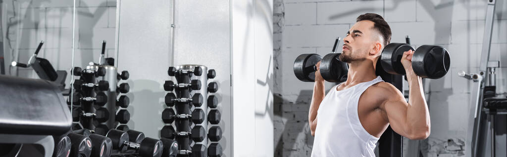 Sportsman lifting dumbbells near sports equipment in gym, banner  - Photo, Image