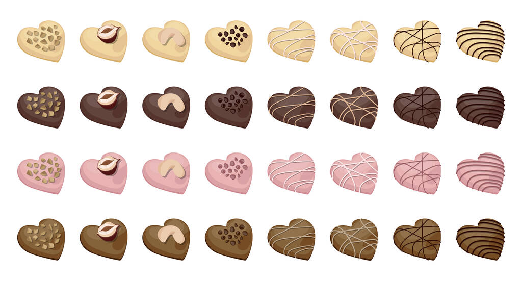 Ensemble vectoriel de bonbons. Bonbons au chocolat blanc, au lait, rose et noir en forme de coeur décorés de noix et de crème pâtissière. - Vecteur, image