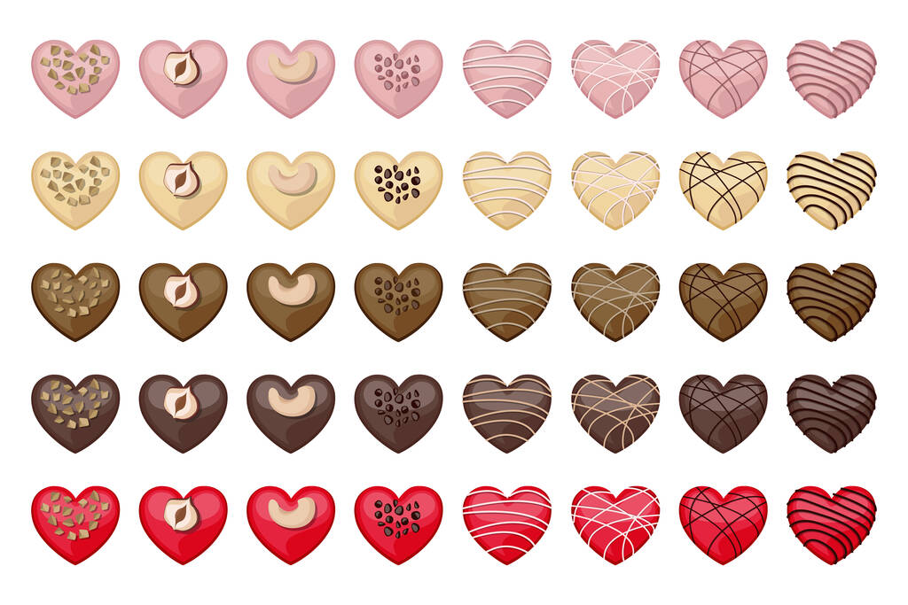 Ensemble vectoriel de bonbons au chocolat blanc, au lait, rouge, rose et noir en forme de cœur décorés de noix et de crème pâtissière. - Vecteur, image