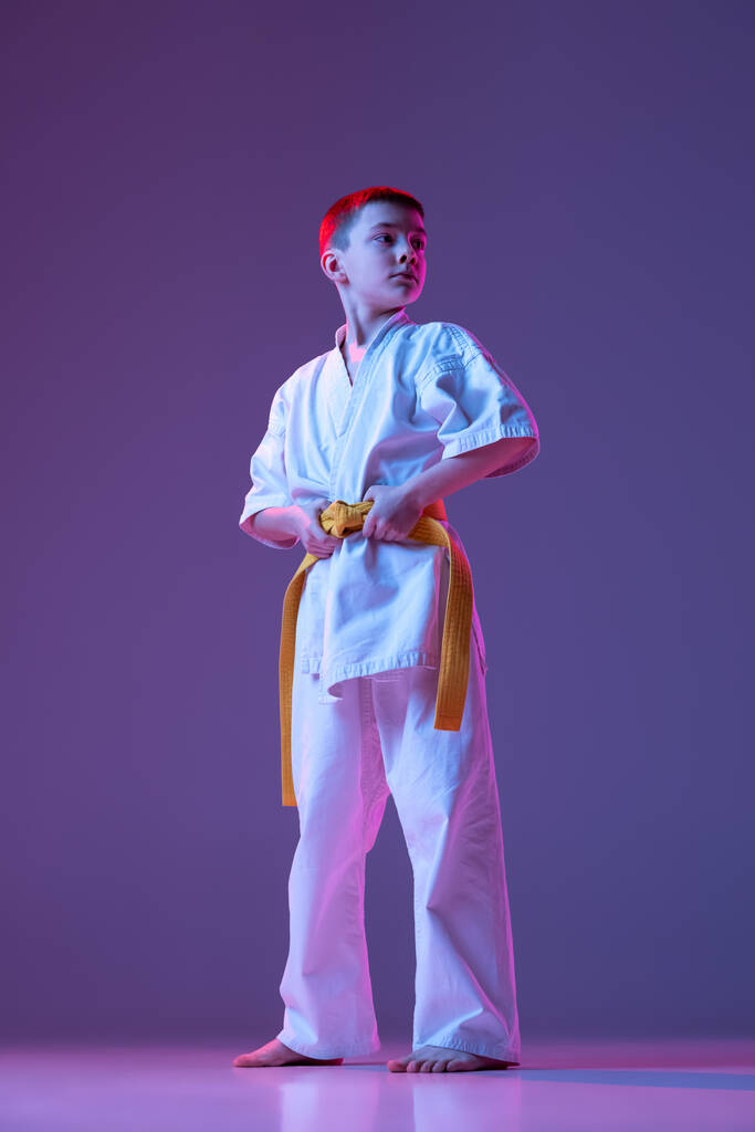 Serious kid, little boy, taekwondo or karate athletes in doboks posing isolated on very peri color background in neon. Concept of sport, martial arts - Photo, Image