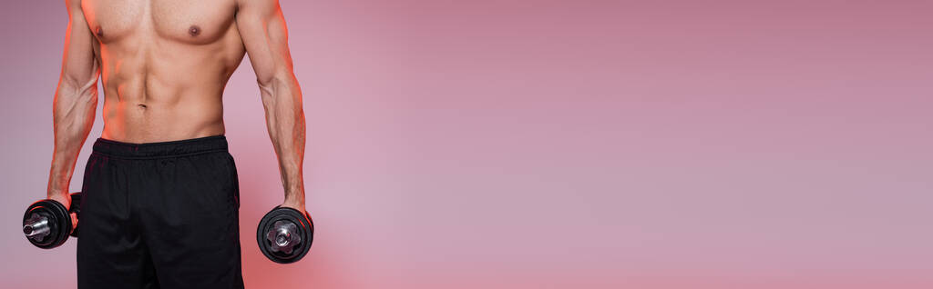 vue recadrée d'un sportif torse nu tenant des haltères sur rose et gris, bannière - Photo, image