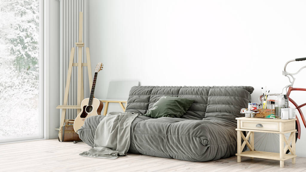Moderno interno elegante del soggiorno, una camera con un pavimento in legno e una grande finestra. Rendering 3D - Foto, immagini
