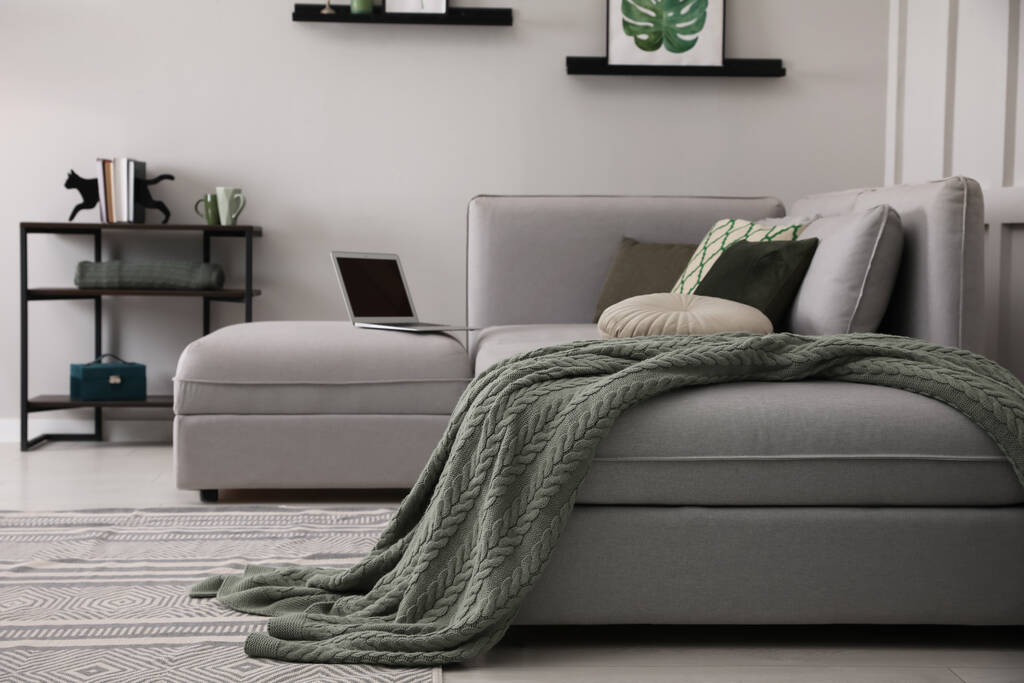 Wohnzimmer mit bequemem grauen Sofa und stilvollen Interieur-Elementen - Foto, Bild