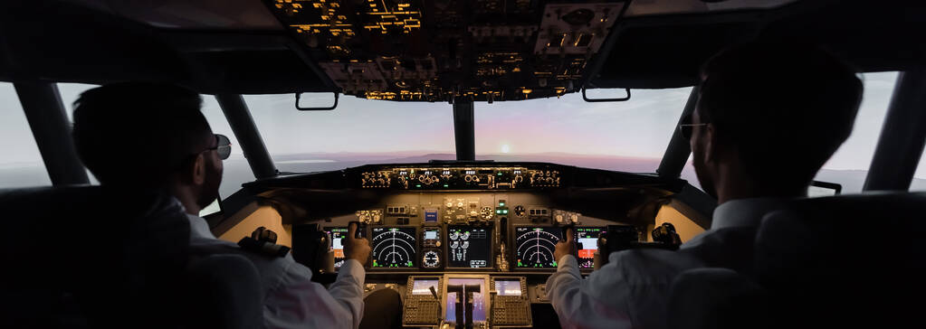 visão traseira de profissionais pilotando avião, banner - Foto, Imagem