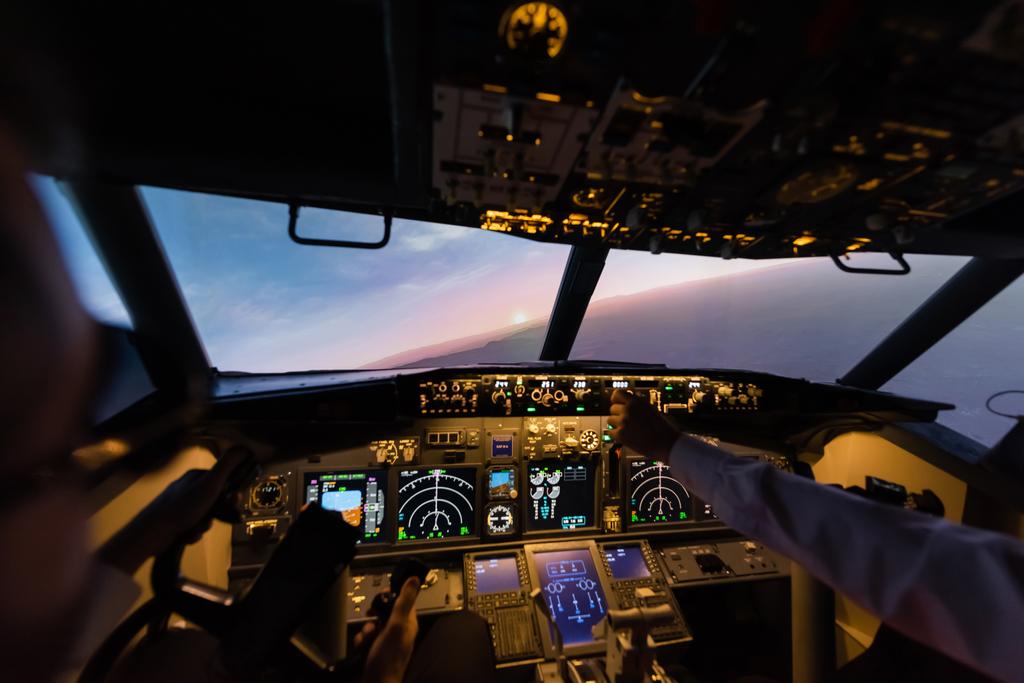 przycięty widok profesjonalistów pilotujących samolot wieczorem  - Zdjęcie, obraz