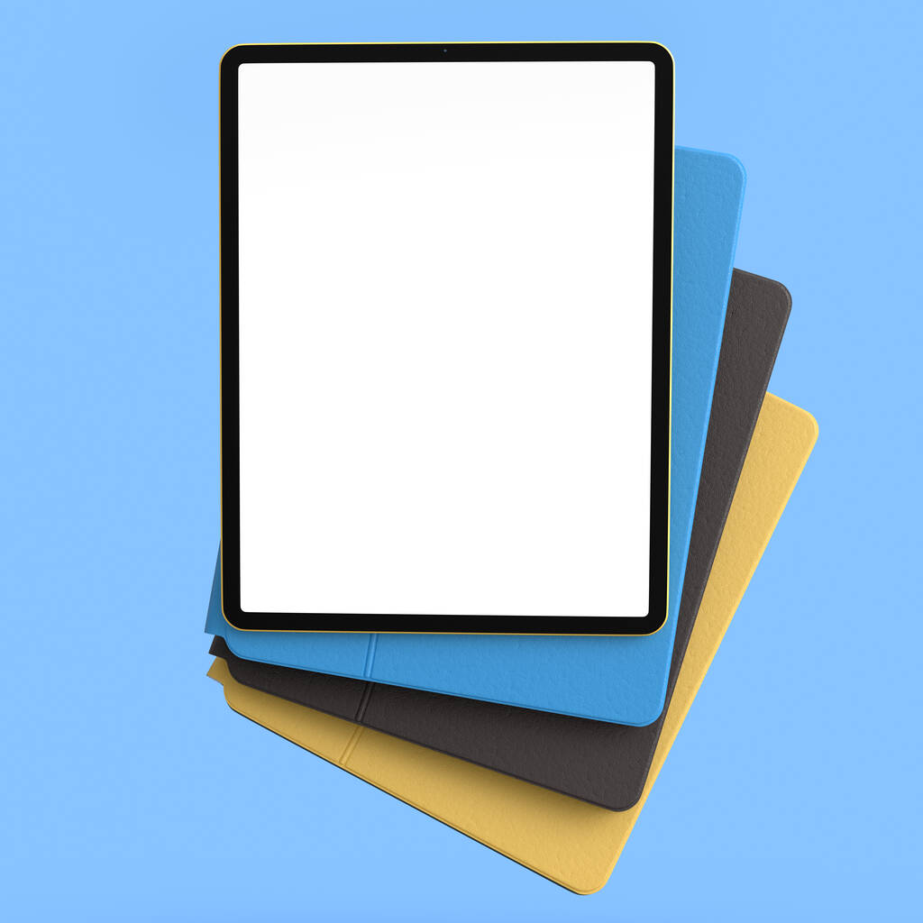 Set von Computer-Tablets mit Hülle und leerem Bildschirm isoliert auf blauem Hintergrund. 3D-Rendering-Konzept für kreative Designerausstattung und kompakten Arbeitsplatz - Foto, Bild