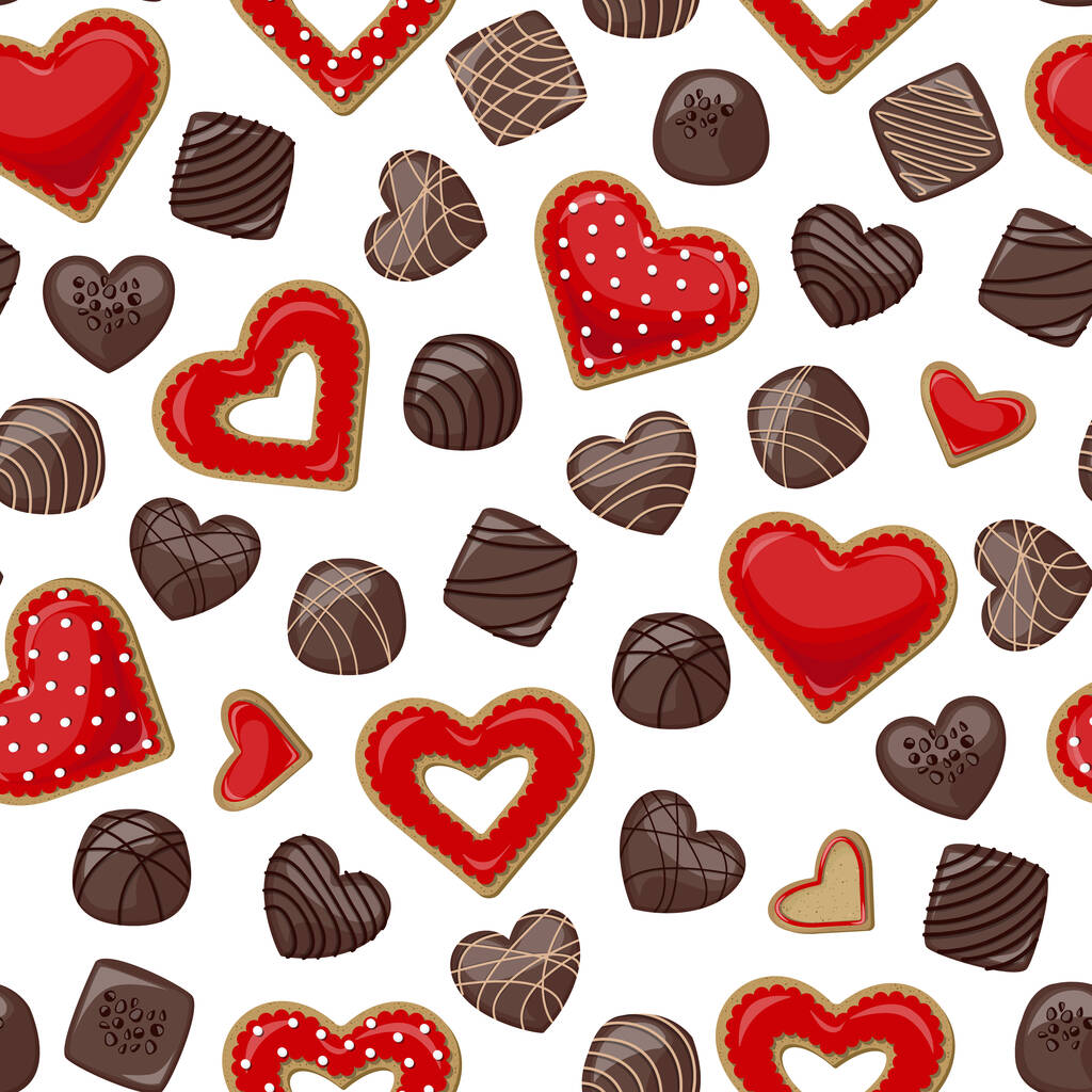 Patrón sin costura vectorial. Galletas en forma de corazón con esmalte rojo y chocolates oscuros aislados sobre fondo blanco. - Vector, Imagen