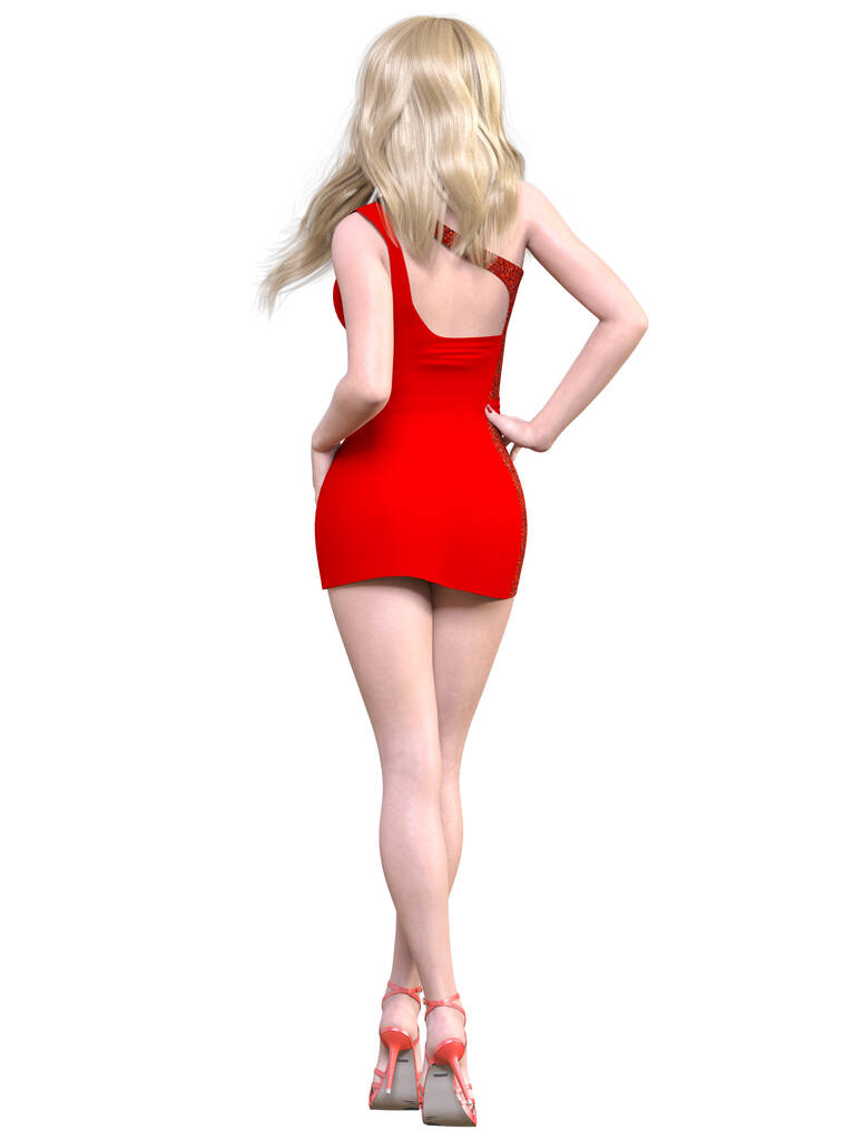 Belle femme rouge mini robe courte de soirée.Collection de vêtements d'été.Photographie de studio de femme.Art de la mode conceptuel .Femme fatale.3D Render. - Photo, image