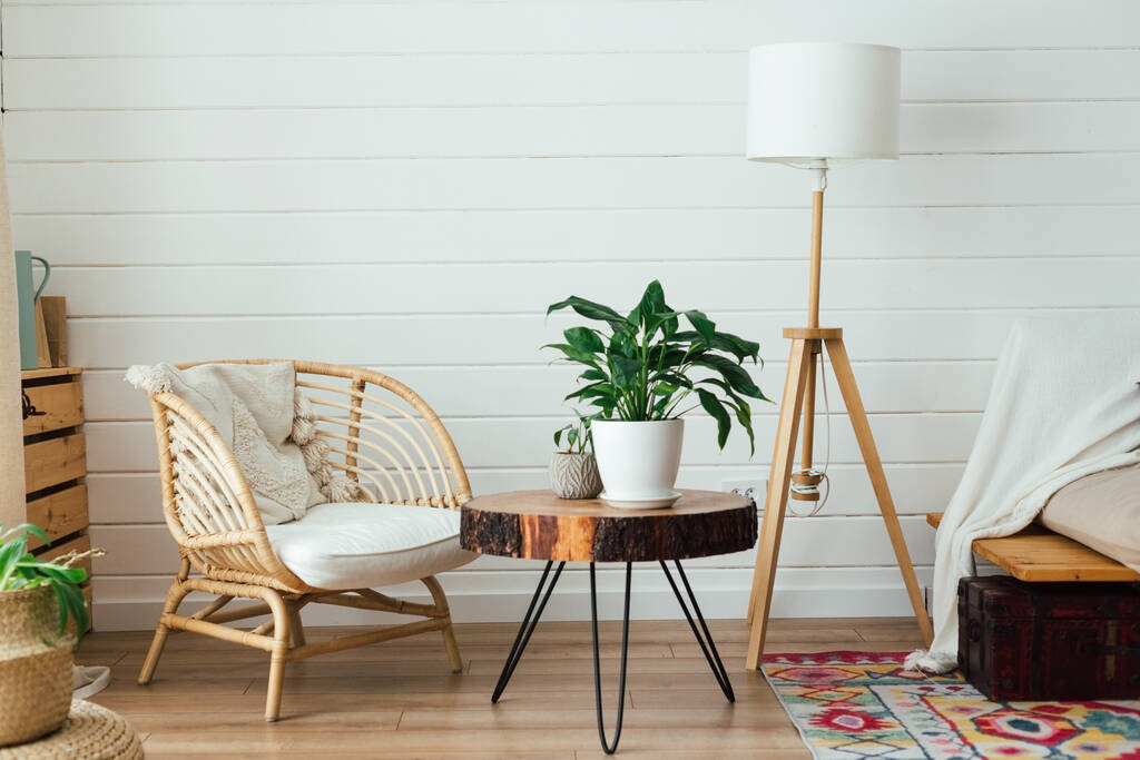 Крісло ротанга і лампа підлоги в інтер'єрі вітальні з рослинами. Приємний інтер'єр у стилі бохо. Справжнє фото - Фото, зображення