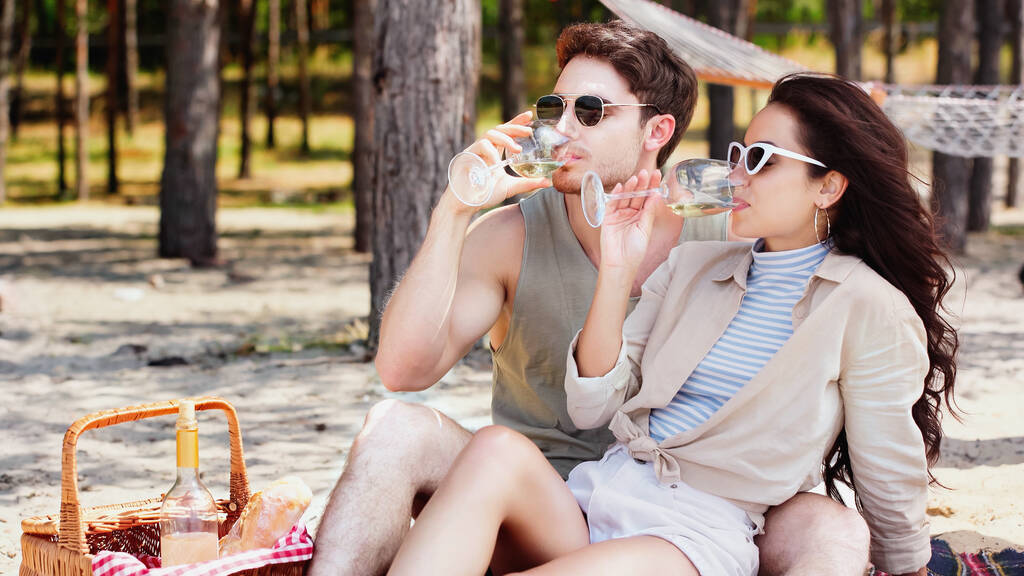 Brünettes Paar mit Sonnenbrille trinkt Wein in der Nähe von Picknickkorb am Strand  - Foto, Bild