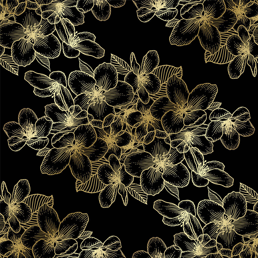 Όμορφη χρυσή σκούρα απρόσκοπτη floral μοτίβο με άνθη μήλου πάνω από μαύρο. Φύση βοτανικό χρυσό διάνυσμα εικονογράφηση φόντο. Σχεδιάγραμμα αποθέματος. - Διάνυσμα, εικόνα