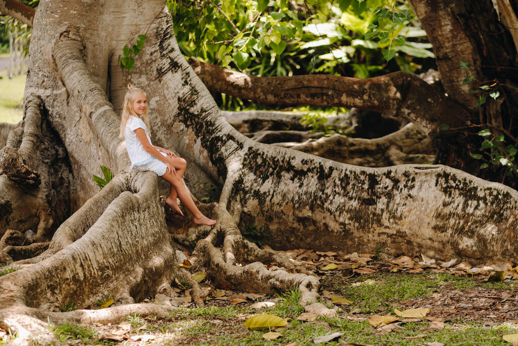 Summer portrait of a happy little girl on the island of Mauritius sitting on a huge tree.A girl sits on a large tree in the Botanical garden of the island of Mauritius. - Photo, Image