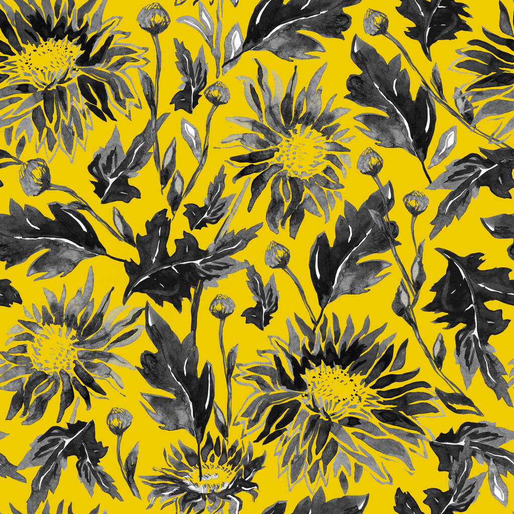 Monocromático aquarela Crisântemo flores, botões, hastes em Amarelo. - Foto, Imagem